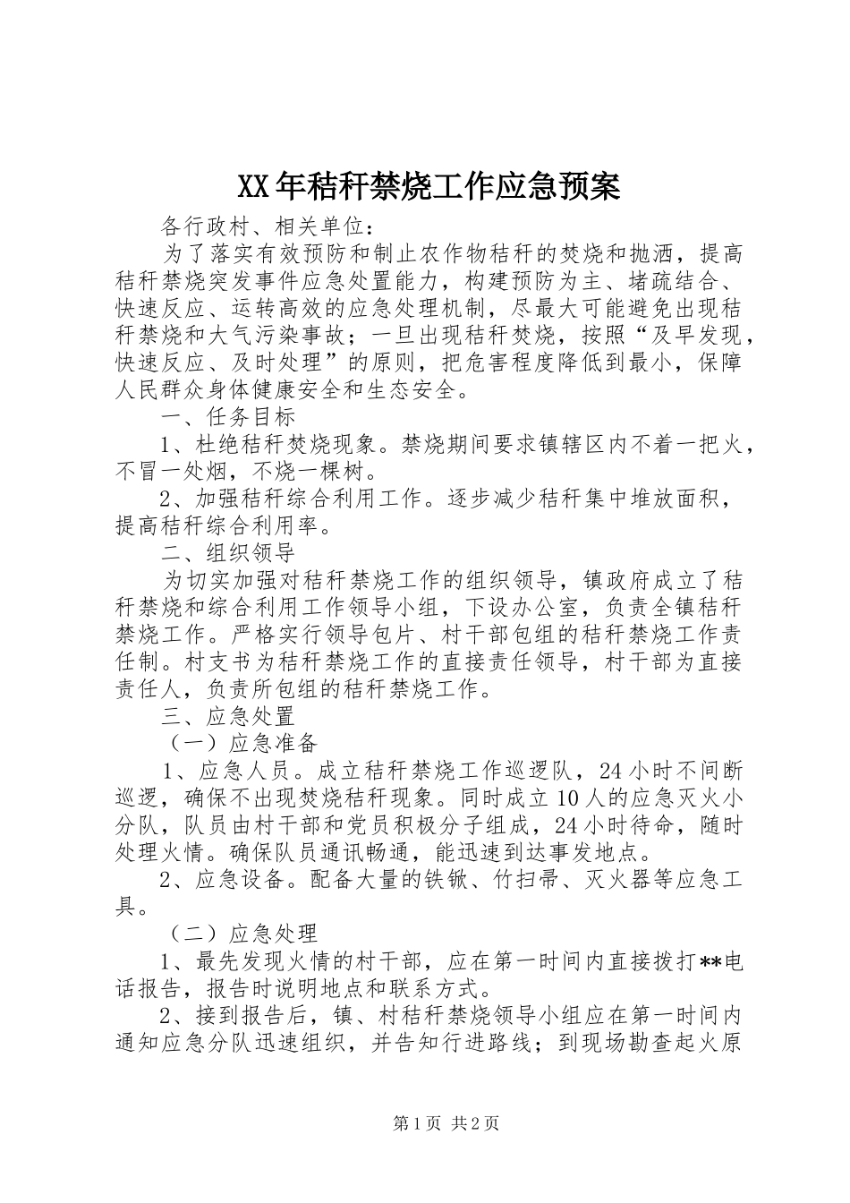 XX年秸秆禁烧工作应急预案_第1页