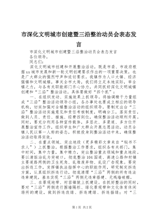 市深化文明城市创建暨三沿整治动员会表态发言稿