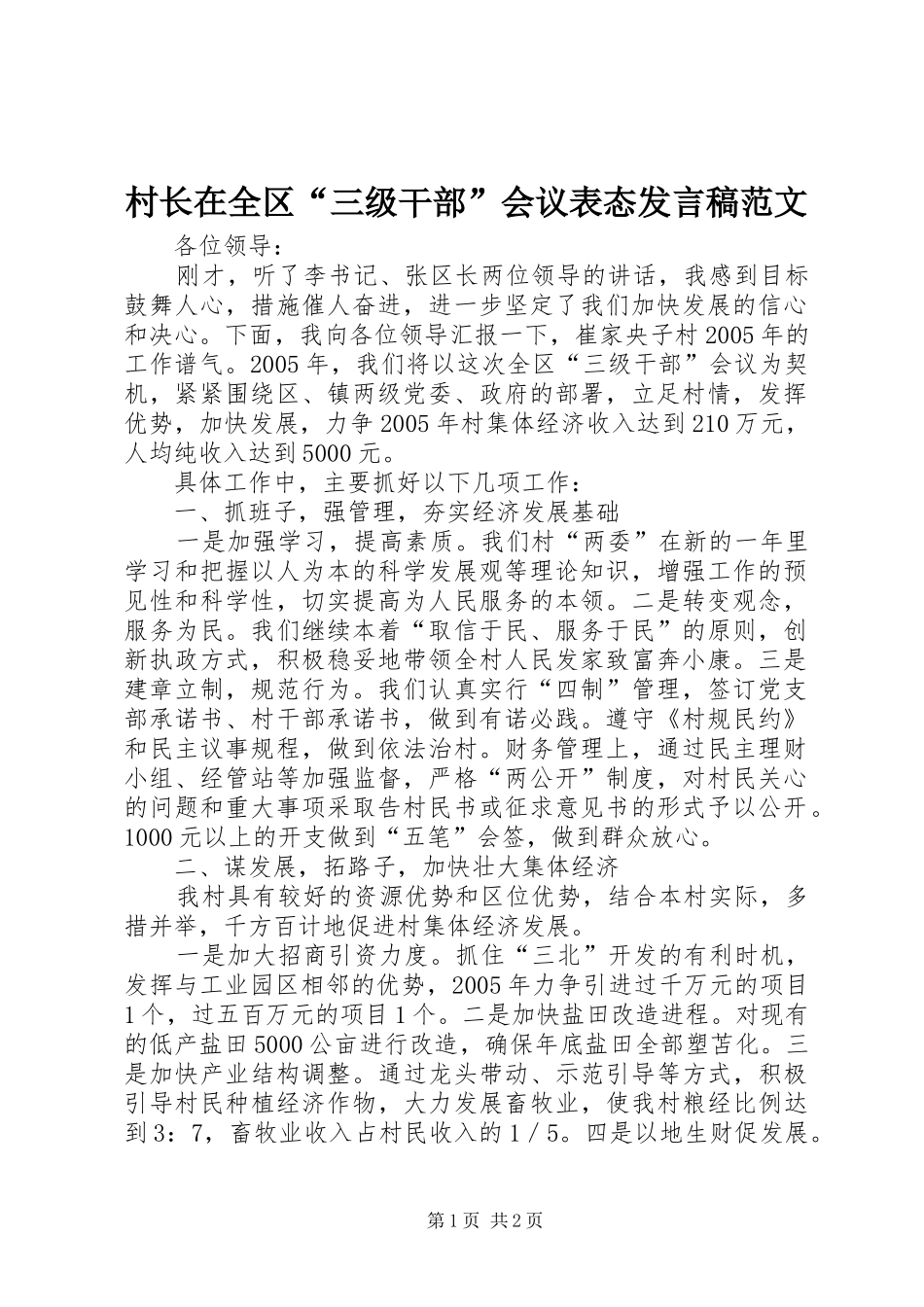 村长在全区“三级干部”会议表态发言范文_第1页