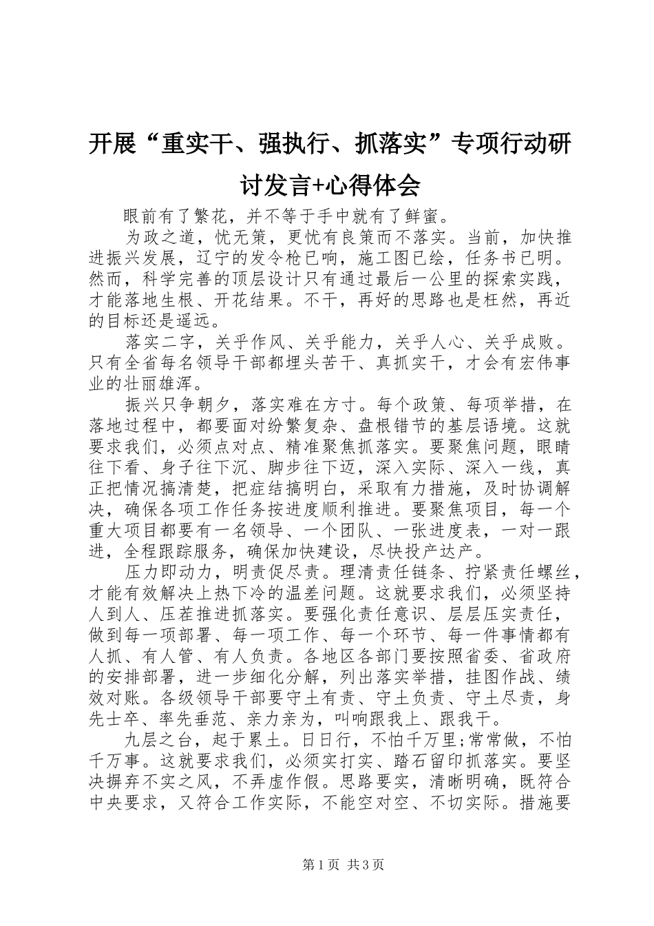 开展“重实干、强执行、抓落实”专项行动研讨发言稿+心得体会_第1页