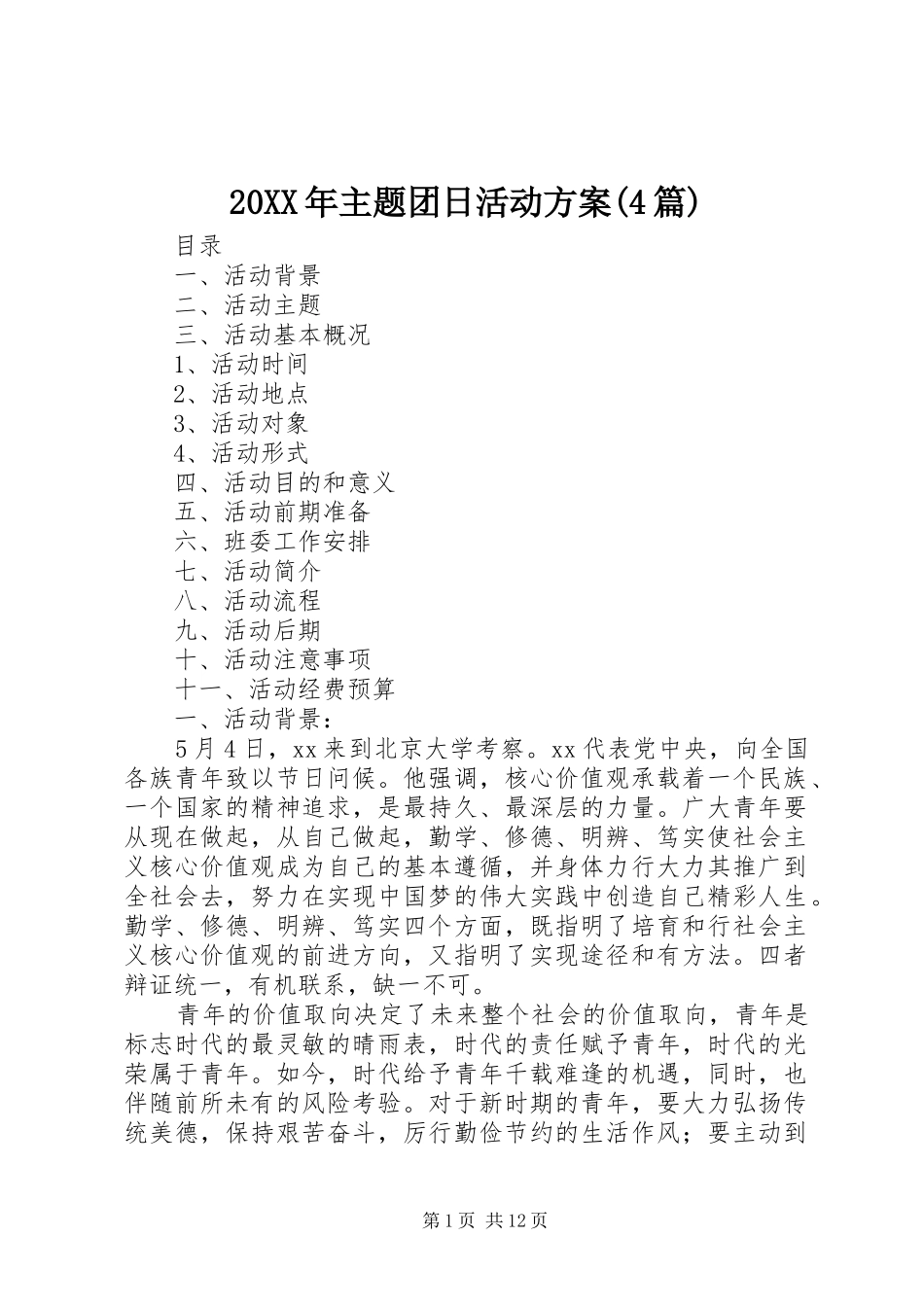 20XX年主题团日活动方案(4篇)_第1页