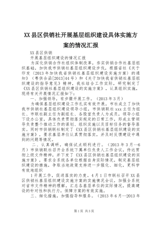 XX县区供销社开展基层组织建设具体实施方案的情况汇报