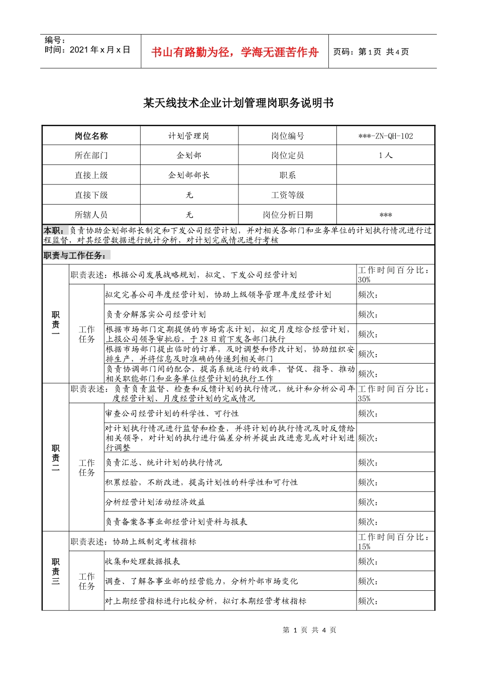 天线技术企业计划管理岗职务说明书_第1页