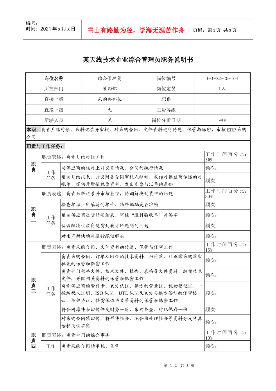 天线技术企业综合管理员职务说明书_第1页