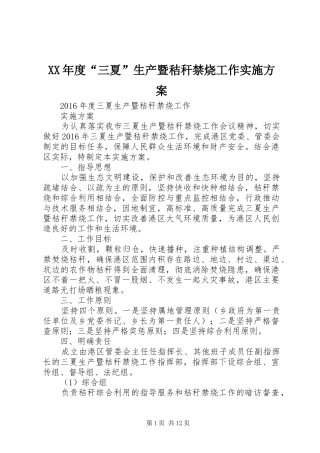 XX年度“三夏”生产暨秸秆禁烧工作实施方案
