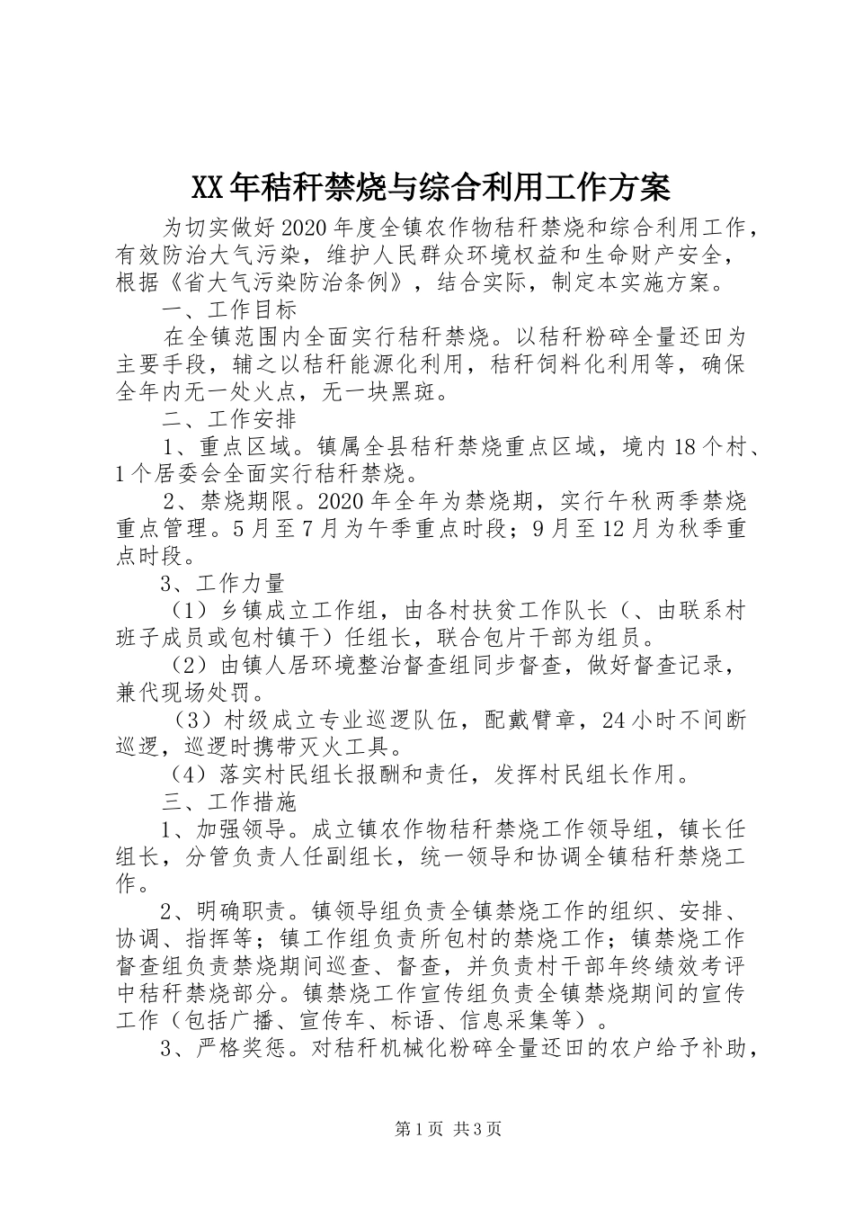 XX年秸秆禁烧与综合利用工作方案_第1页