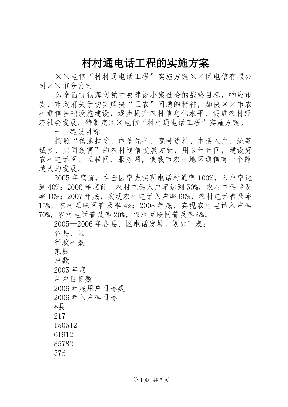 村村通电话工程的实施方案_第1页