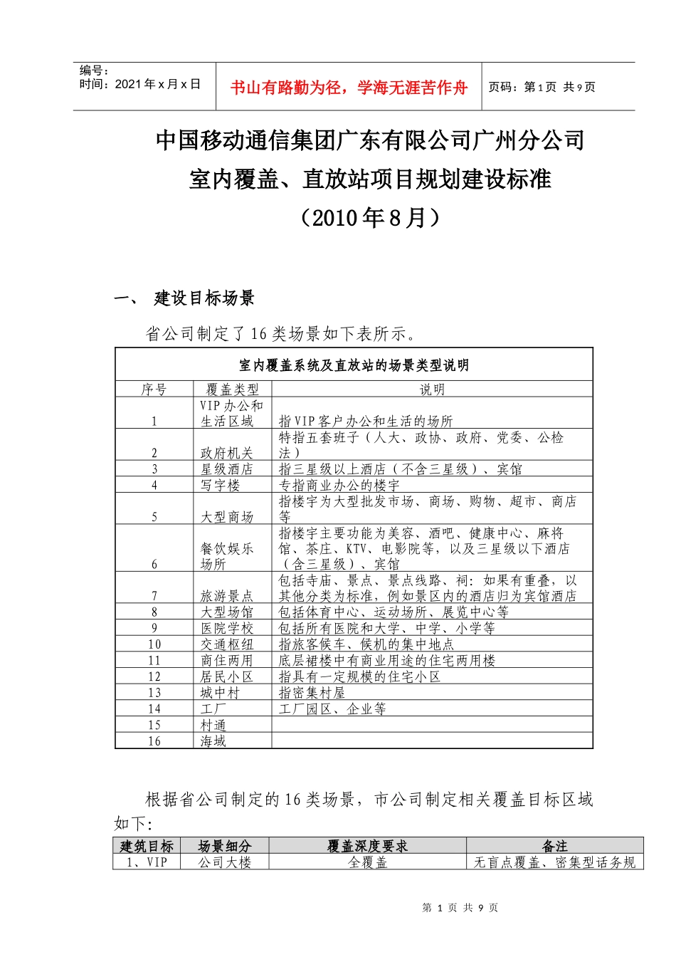 室内覆盖、直放站项目规划建设标准_第1页