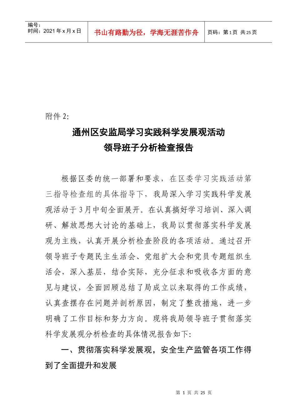 安监局领导班子分析检查报告概述_第1页