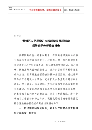 安监局领导班子分析检查报告概述