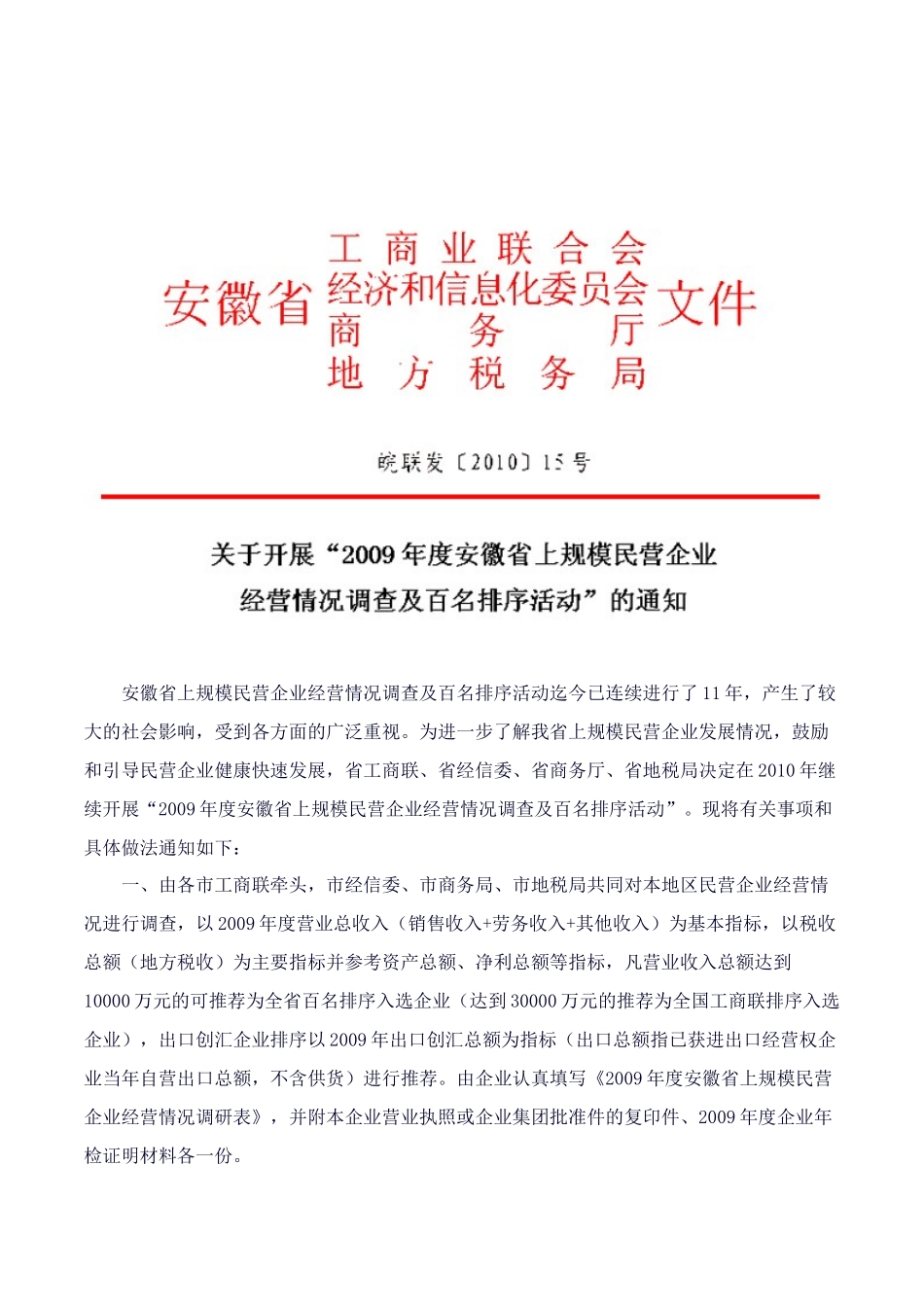 安徽省上规模民营企业经营情况调查及百名排序活动迄今..._第1页