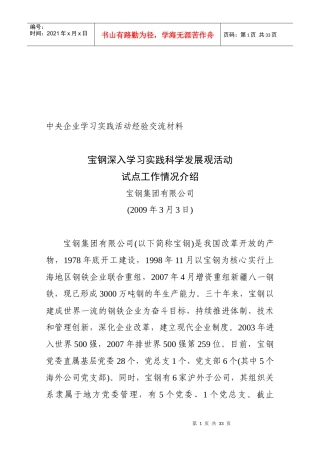 宝钢学习实践科学发展观活动试点工作情况