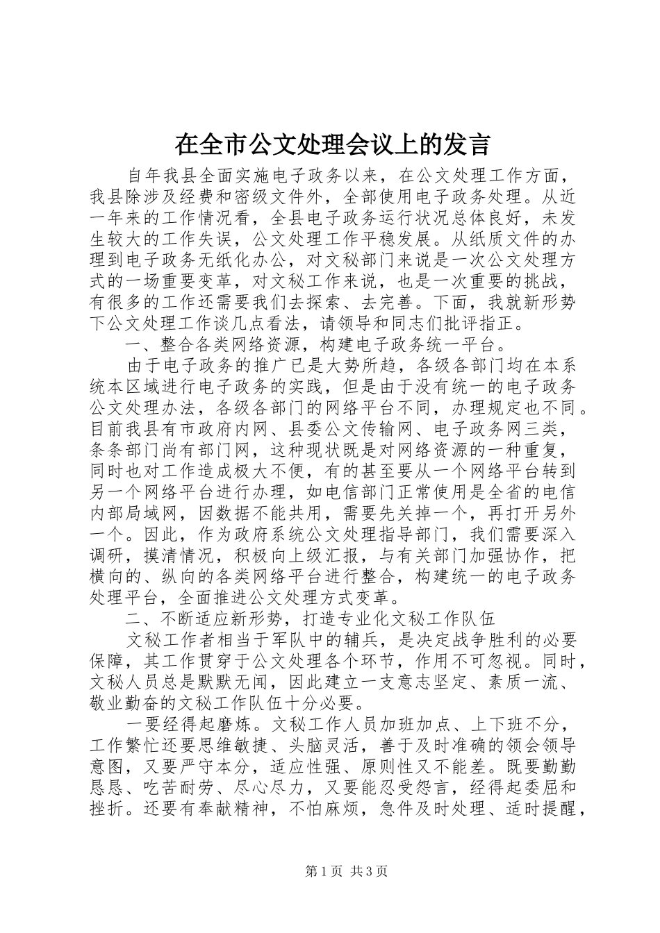 在全市公文处理会议上的发言稿_第1页