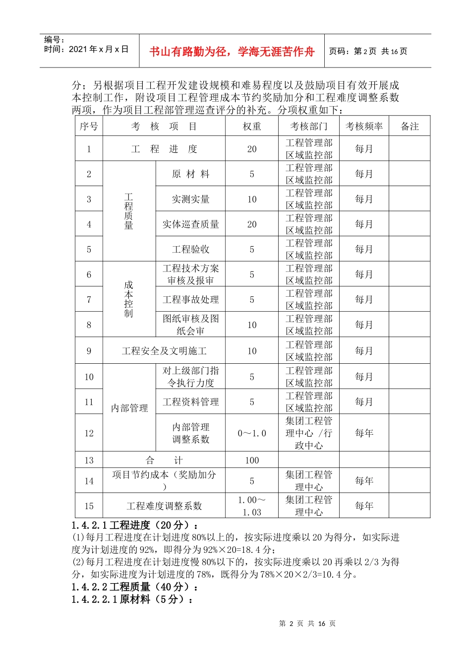 对项目工程部和施工单位的考评办法_第2页
