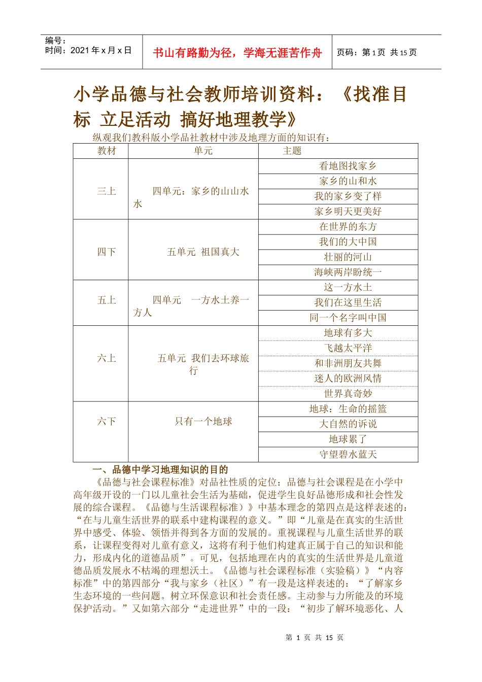 小学品德与社会教师培训资料：《找准目标立足活动搞好地理教学》_第1页