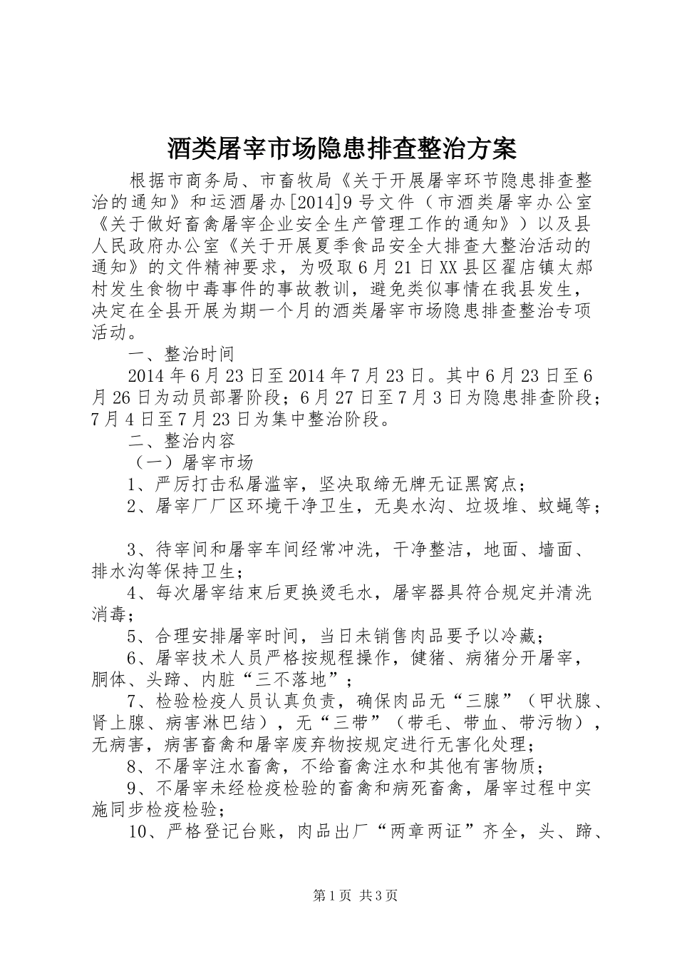 酒类屠宰市场隐患排查整治方案_第1页