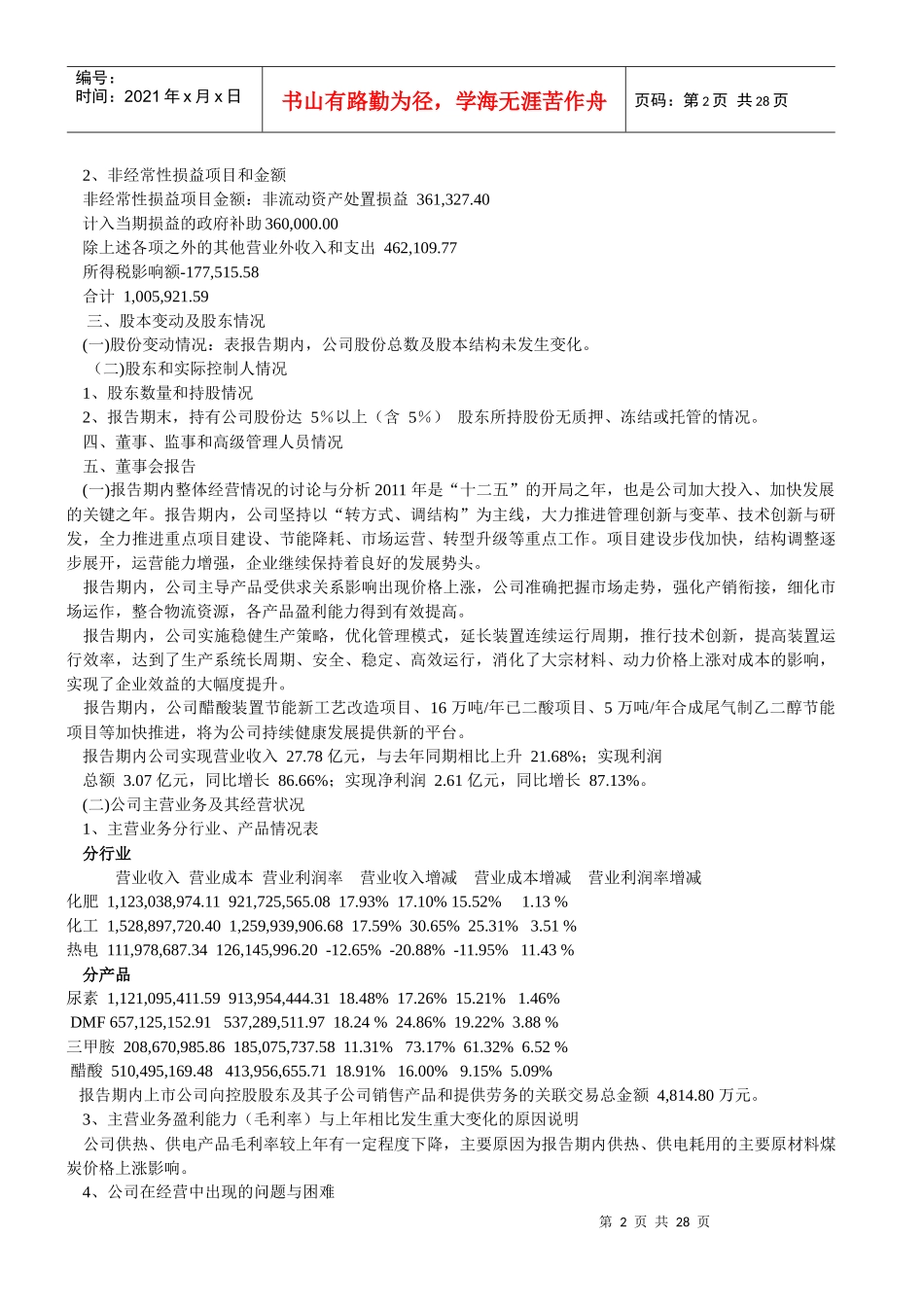 山东华鲁恒升化工股份有限公司 XXXX 年半年度报告目录_第2页