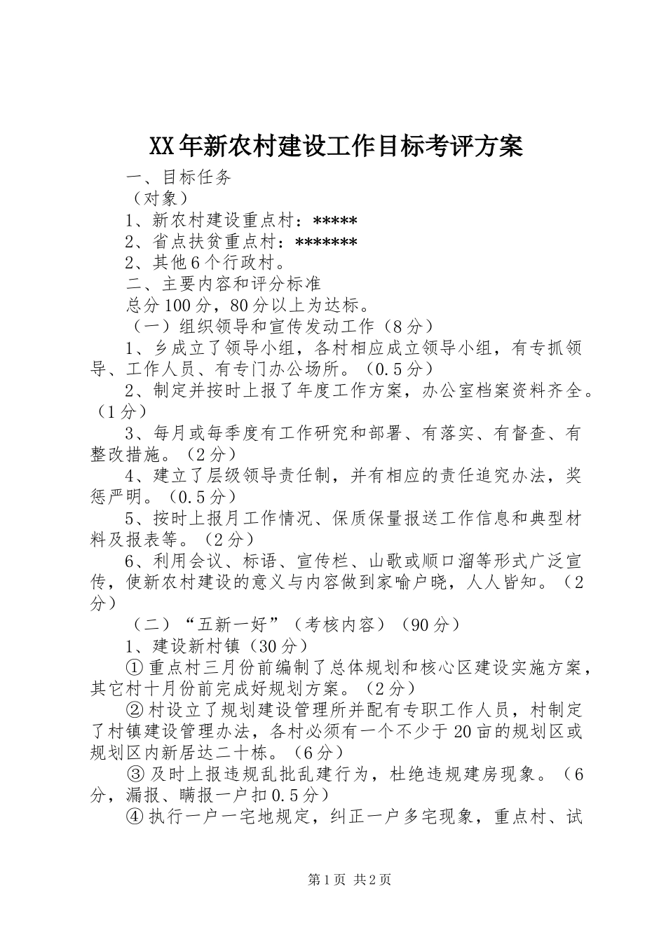 XX年新农村建设工作目标考评方案_第1页