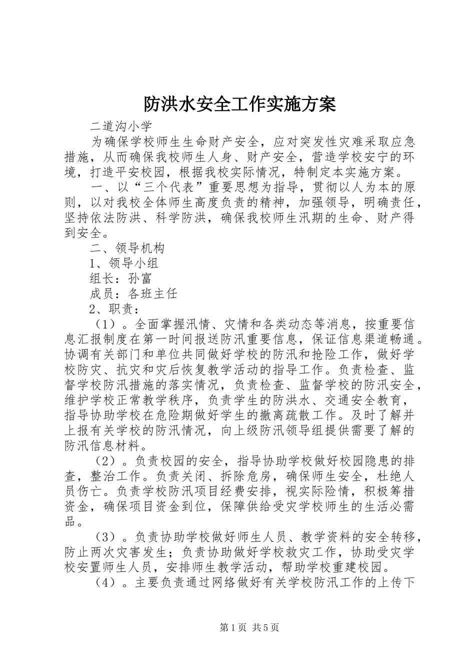 防洪水安全工作实施方案_第1页