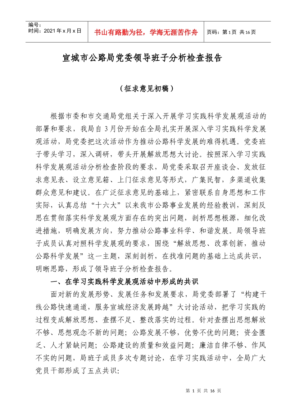宣城市公路局党委领导班子分析检查报告_第1页