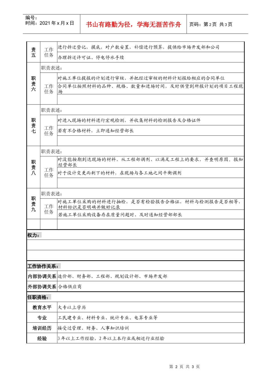 宝地建设集团经营部采购及材料职务说明书_第2页