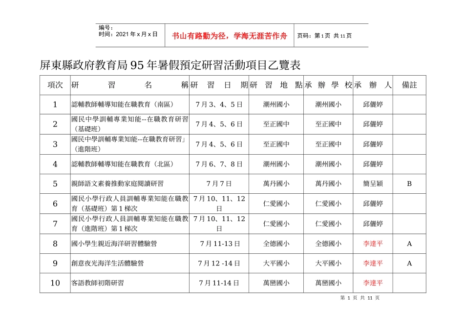 屏东县政府教育局95年暑假预定研习活动项目乙览表_第1页