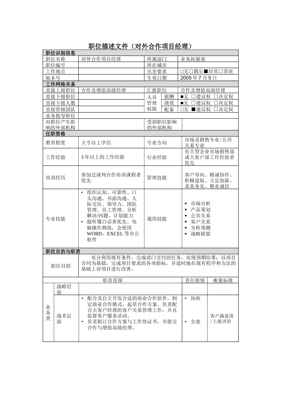 对外合作项目经理岗位说明书_第1页