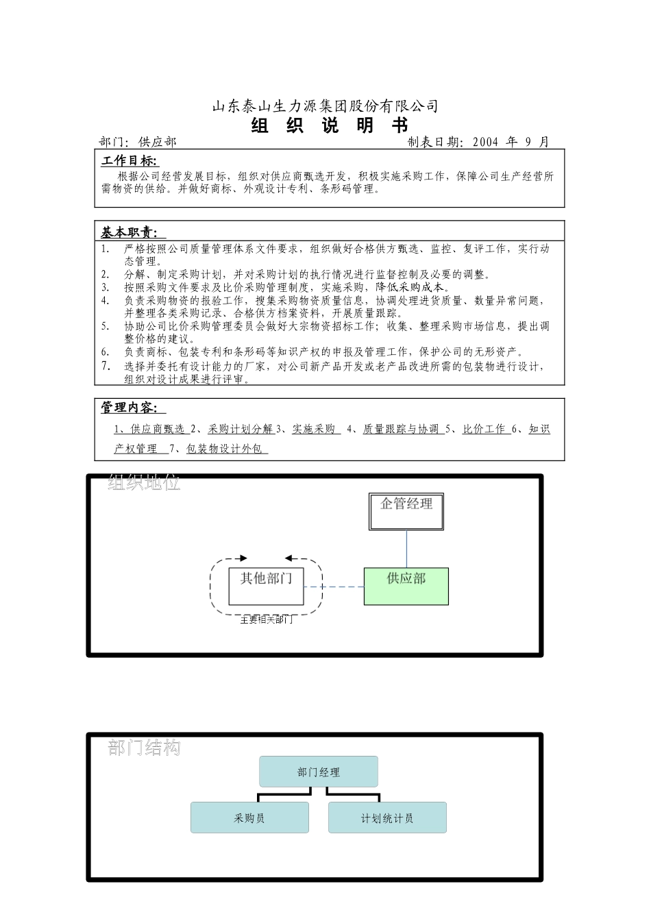 山东泰山生力源集团股份有限公司供应部组织说明书_第1页