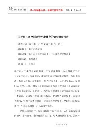 对湛江市全面建设小康社会的情况调查报告