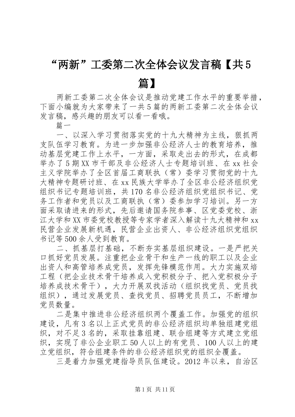 “两新”工委第二次全体会议发言稿范文【共5篇】_第1页