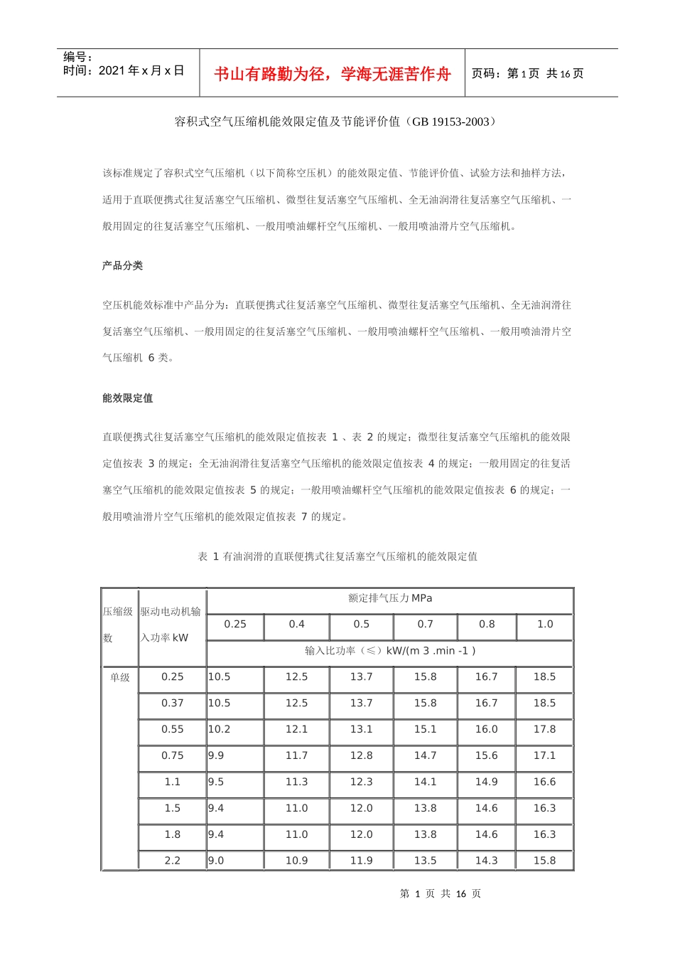 容积式空气压缩机能效限定值及节能评价值（GB19153-2_第1页