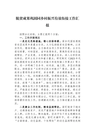 脱贫成果巩固同乡村振兴有效衔接工作汇报