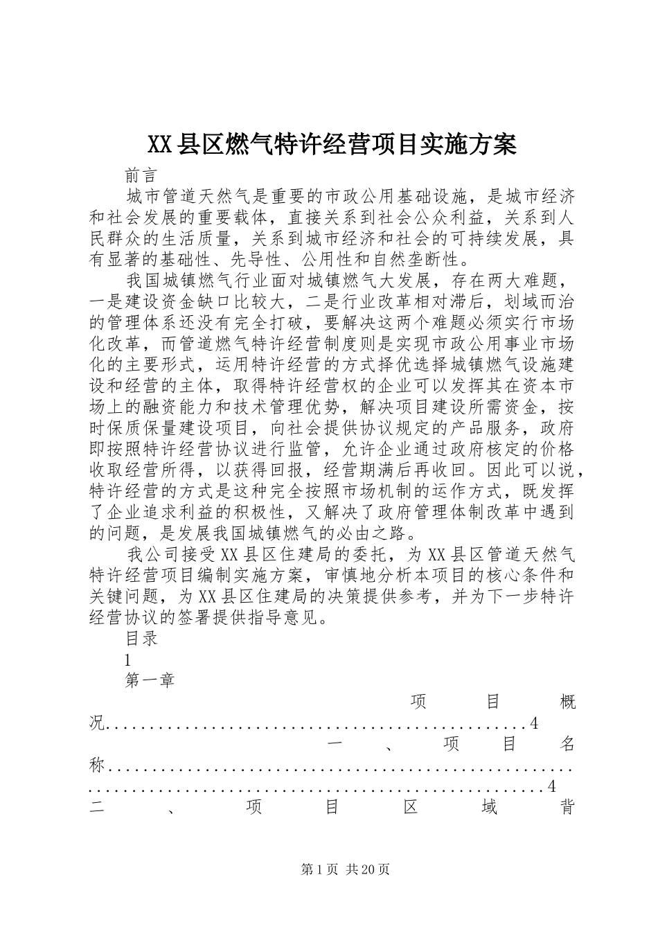 XX县区燃气特许经营项目实施方案_第1页