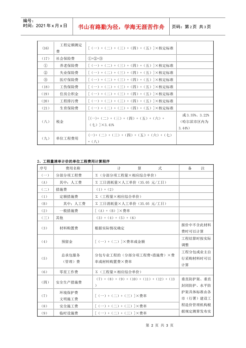 定额计价的单位工程费用计算程序_第2页