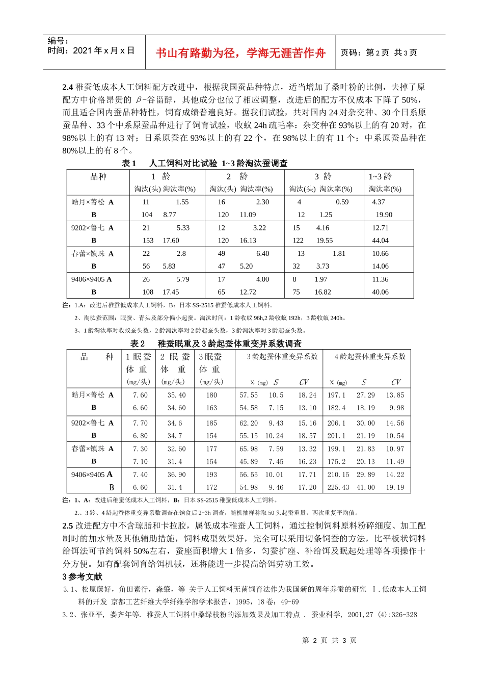 家蚕低成本稚蚕人工饲料对比试验_第2页