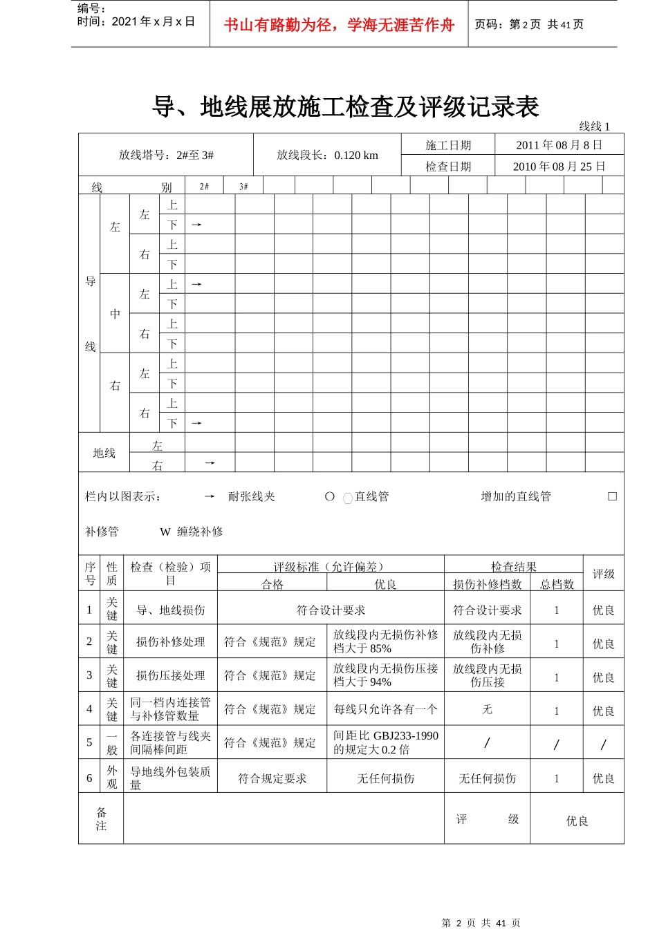 导地线展放施工自检评级记录_第2页