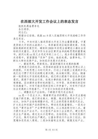 在西部大开发工作会议上的表态发言稿