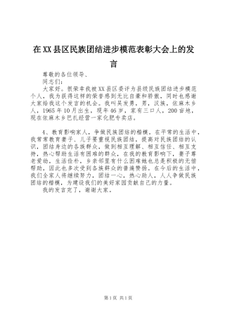 在XX县区民族团结进步模范表彰大会上的发言稿