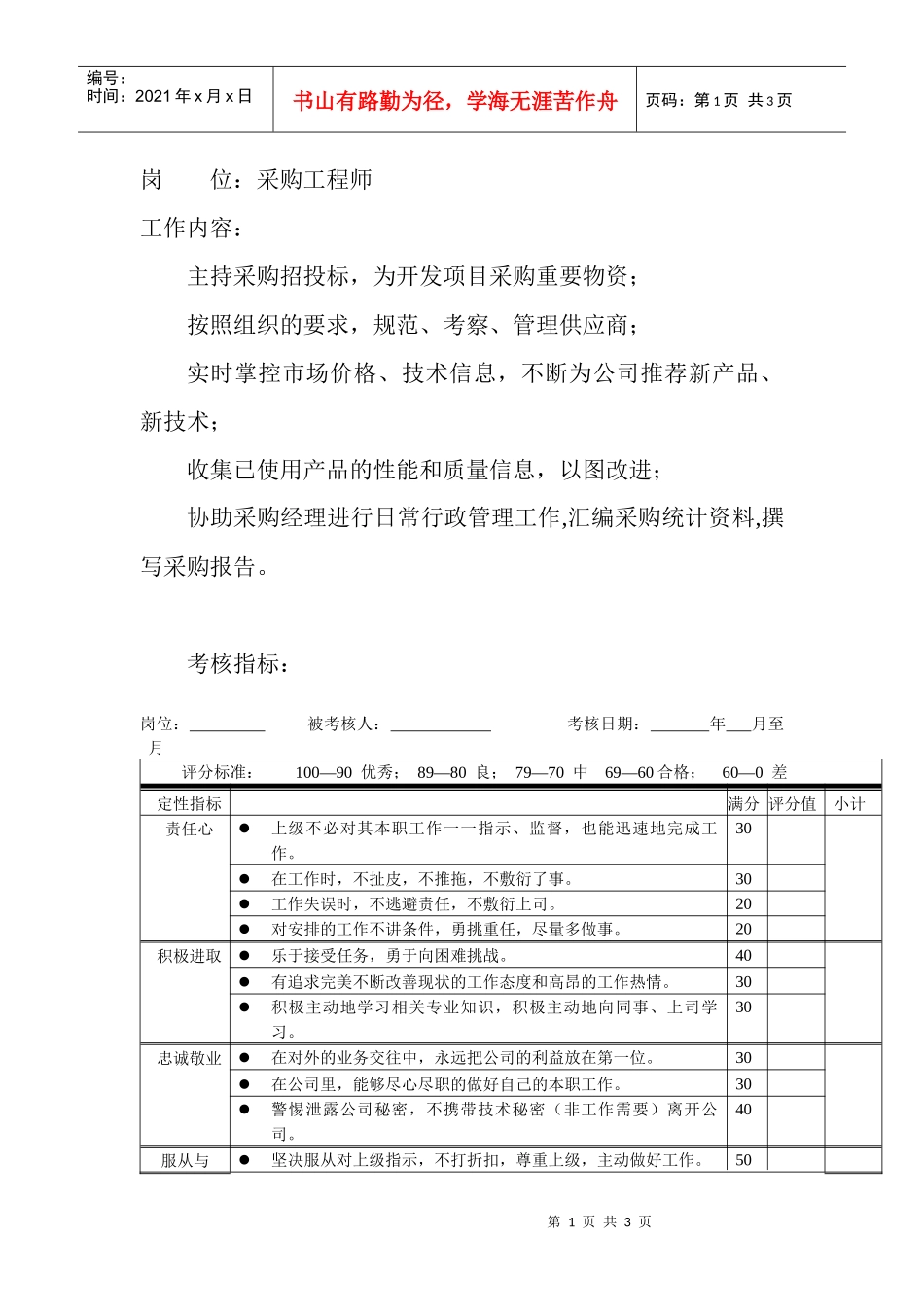 岗位工作内容和年度定性考核指标-采购工程师_第1页