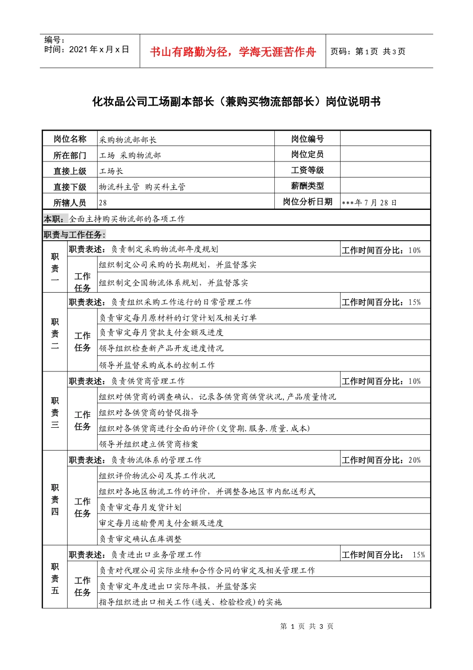 工场副本部长（兼购买物流部部长）岗位说明书_第1页