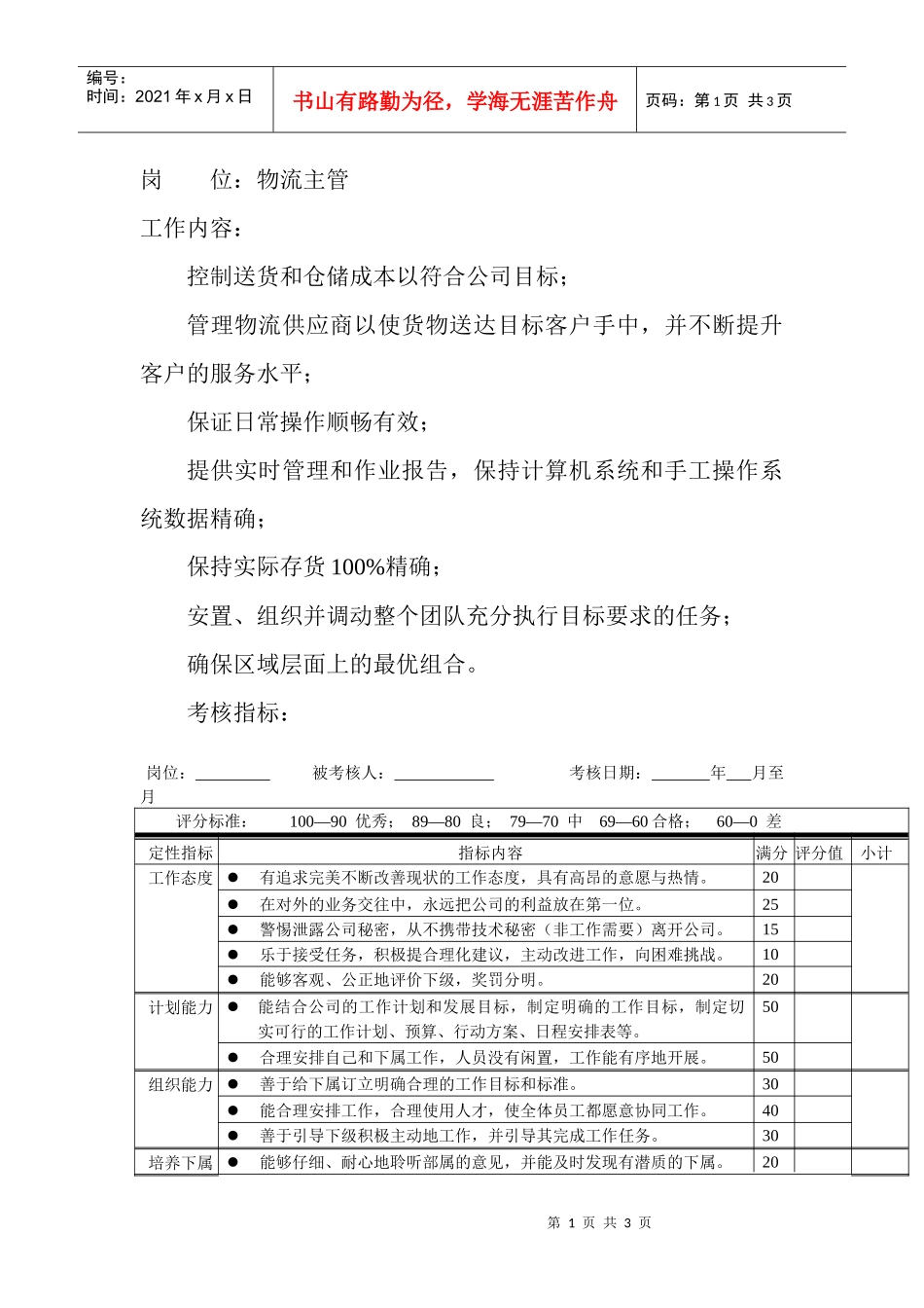 岗位工作内容和年度定性考核指-物流主管_第1页