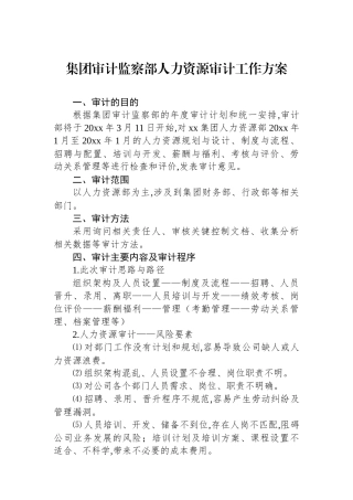 集团审计监察部人力资源审计工作方案