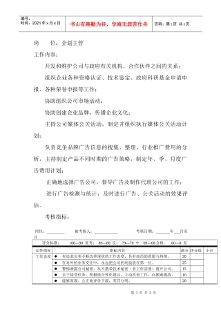 岗位工作内容和年度定性考核指-企划主管
