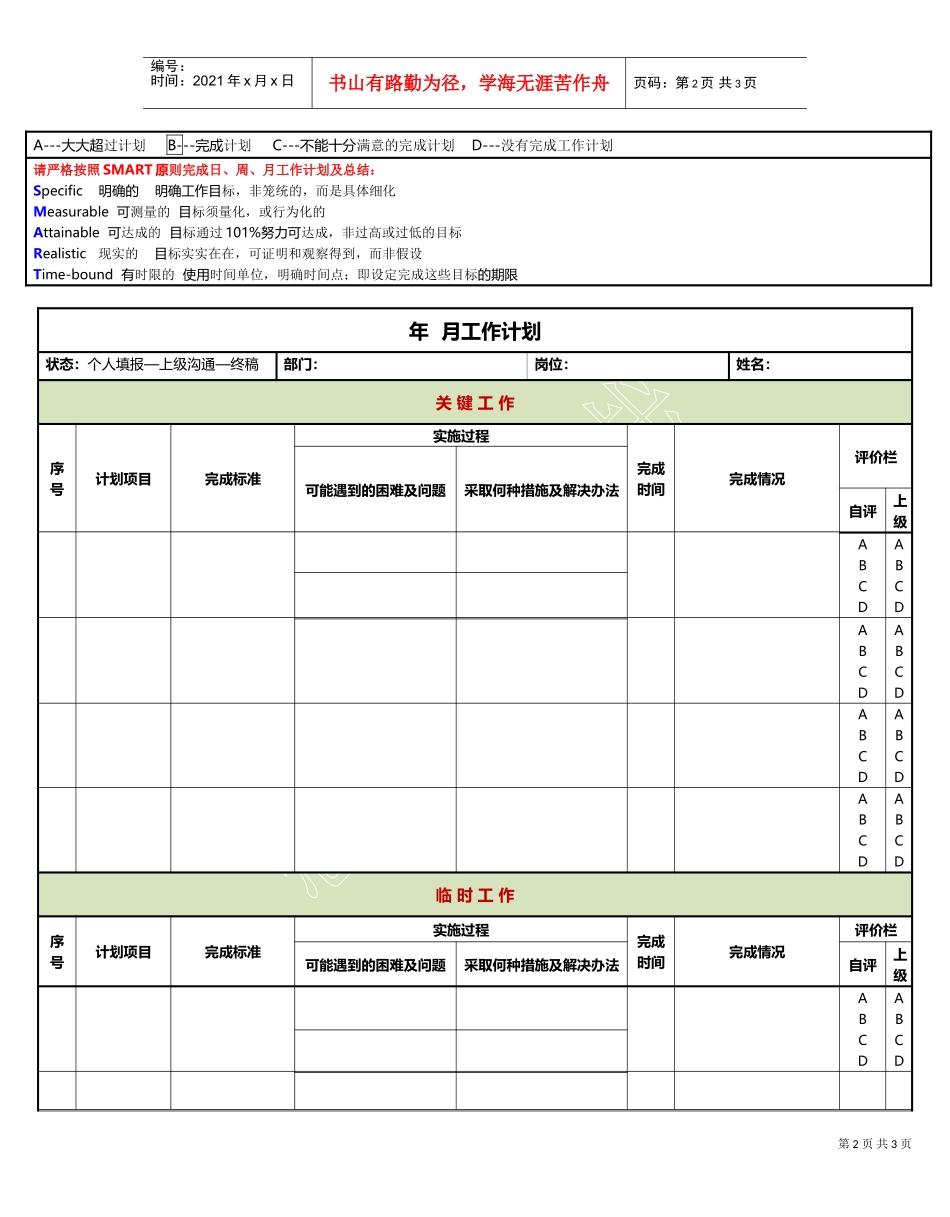 工作计划及工作总结表格模版、(DOC4页)_第2页