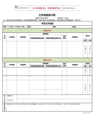 工作计划及工作总结表格模版、(DOC4页)