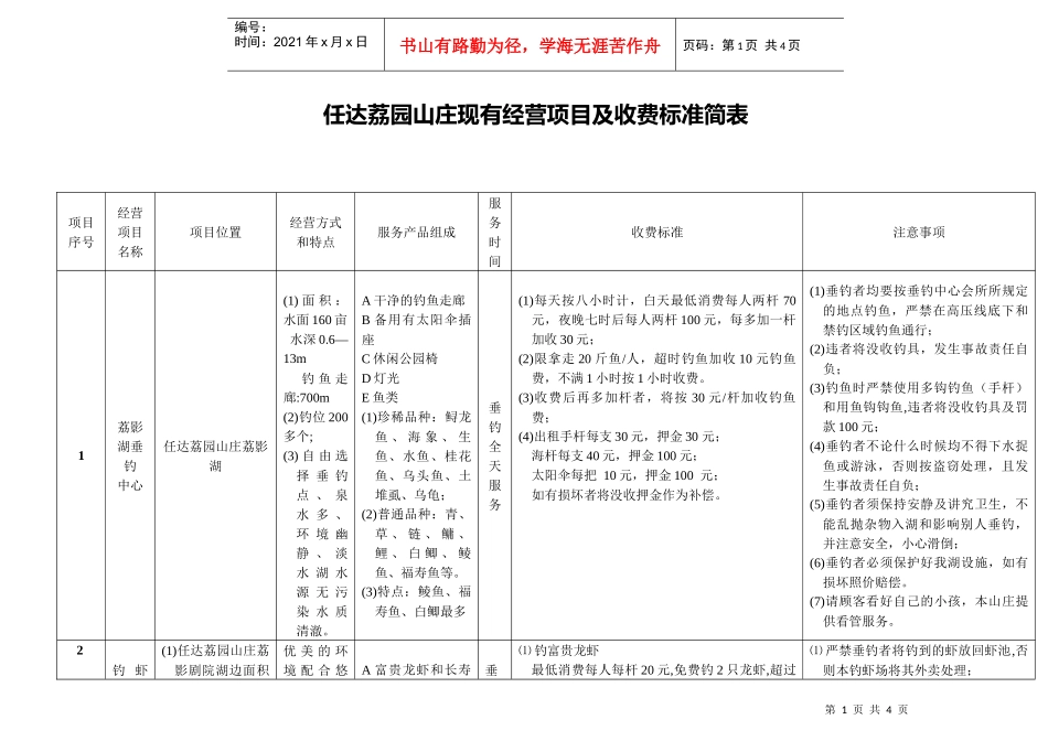 山庄现有经营项目及收费标准-任达荔园山庄现有经营项目及收_第1页