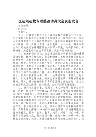 区超限超载专项整治动员大会表态发言稿