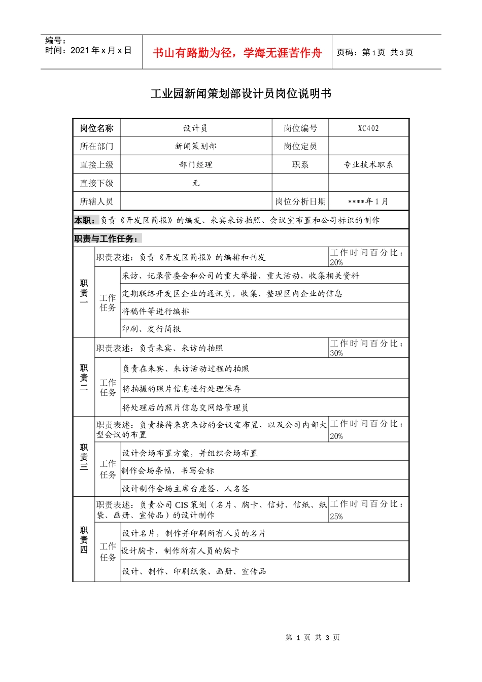 工业园新闻策划部设计员岗位说明书_第1页