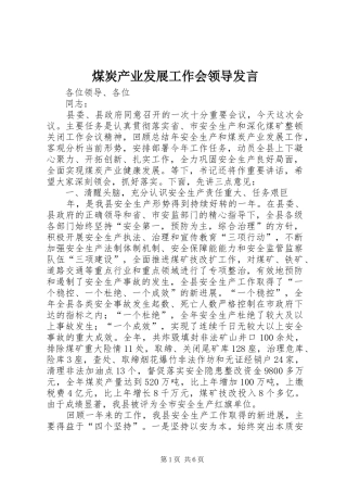 煤炭产业发展工作会领导发言稿