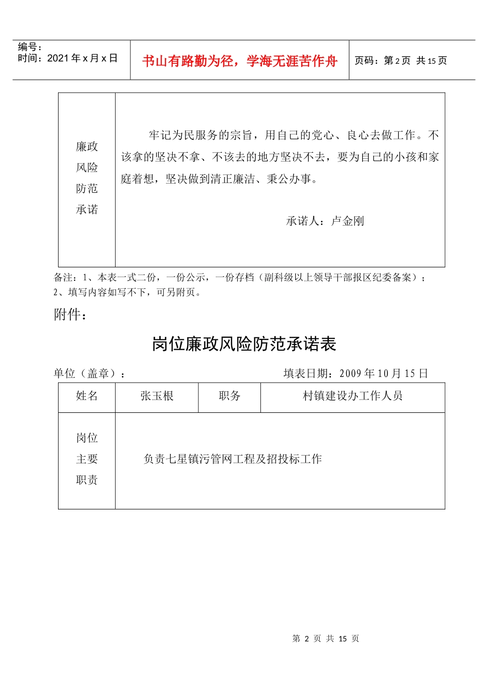 岗位廉政风险防范承诺表_第2页